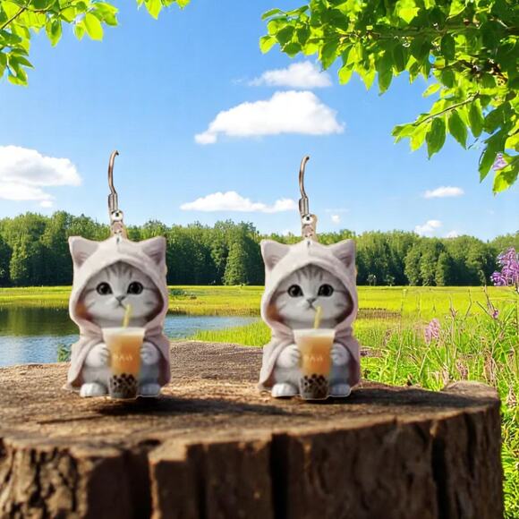Cat Boba Tea Acrylic Dangle Earrings Kawaii Kitty Hoodie Bubble Tea - Picture 3 of 5